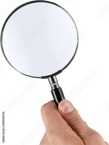 Person's hand holding a magnifying glass