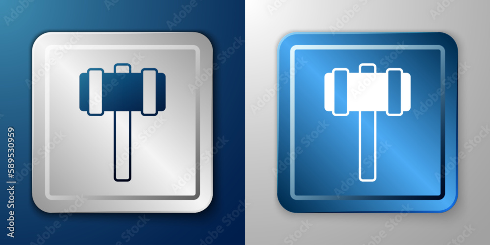 White Sledgehammer icon isolated on blue and grey background. Silver and blue square button. Vector