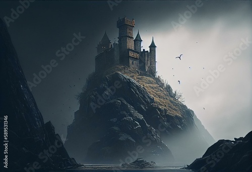 Fotografie, Obraz a mysterious castle on a mountain in fog. fancy. Generative AI