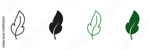 Bird Feather Glyph and Outline Pictogram Set. Ink Pen for Calligraphy Write. Fluffy Smooth Quill Black and Green Symbol. Lightweight Natural Quill. Light Weight Feather. Isolated Vector Illustration