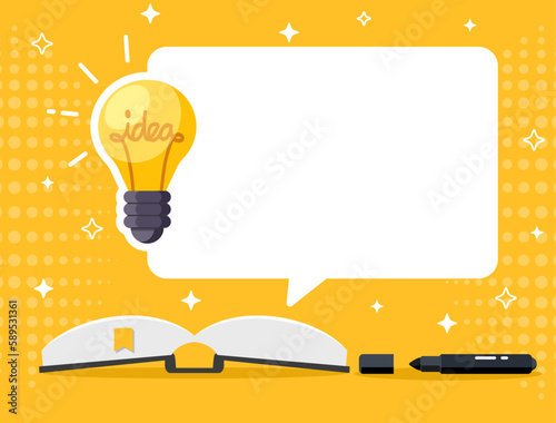 Creative Idea with light bulb and empty box on yellow background. Vector illustration flat design for banner, poster, tips, and wallpaper. Suggestion concept.	