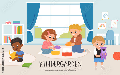 Kids play toys and games, reading books together in kindergarden. Cartoon playroom with multiracial children.