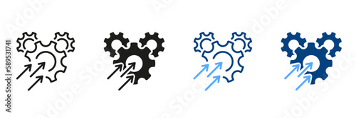 Operational Production Growth Symbol Collection. Optimize Business Sign. Gear with Increase Arrow Pictogram. Productivity Industry Process Line and Silhouette Icon Set. Isolated Vector Illustration