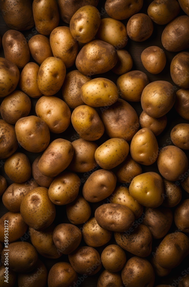 Lots of fresh raw potatoes. Background design with ripe brown potatoes. Generative AI. Lots of fresh raw potatoes. Background design with ripe brown potatoes. Generative AI.