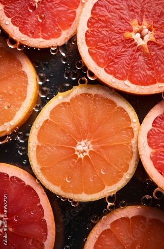 Halves of ripe grapefruits with water drops. Background design with fresh wet grapefruits. Generative AI.