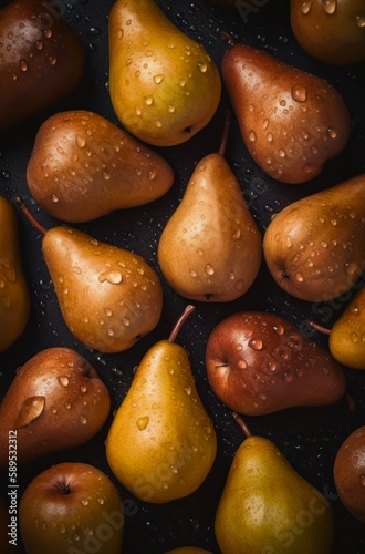 A lot of ripe pears with water drops. Background design with fresh wet pears. Generative AI.