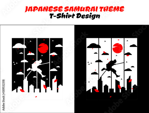 Urban samurai run and jump in city. Silhouette japan samurai vector for design t-shirt concept. Samurai with red moon. Samurai Vector Illustration. streetwear theme tshirt.  photo