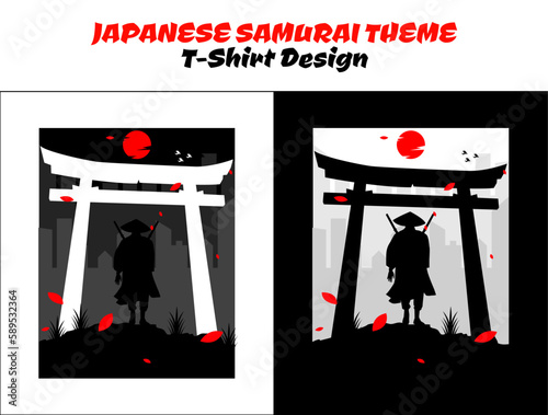 Silhouette japan samurai vector for design t-shirt concept. Samurai with red moon t-shirt design. Samurai Vector Illustration. Urban samurai.