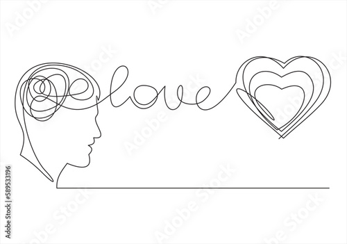 Fototapeta Naklejka Na Ścianę i Meble -  Continuous one line drawing of human head with a hearts. Vector illustration. Concept of mental disorder, finding solution, chaotic thinking process, confused mind.