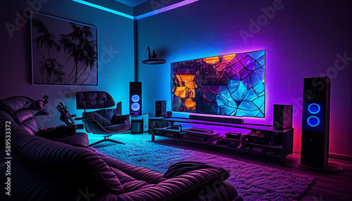 Modern living room with neon lights