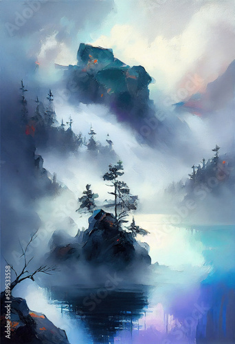 Landscape with lake, misty mountains on the waterside. Traditional oriental ink painting sumi-e, u-sin, go-hua