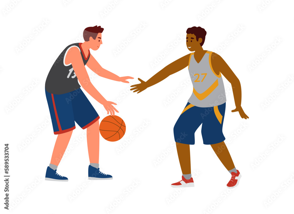 Young men playing basketball vector illustration isolated on white.