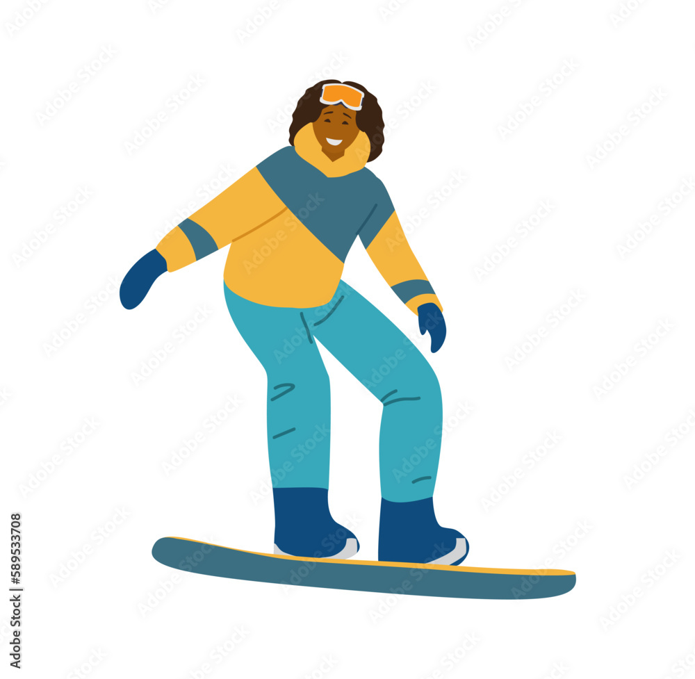 African American woman on snowboard vector illustration. Winter sports. Isolated on white.