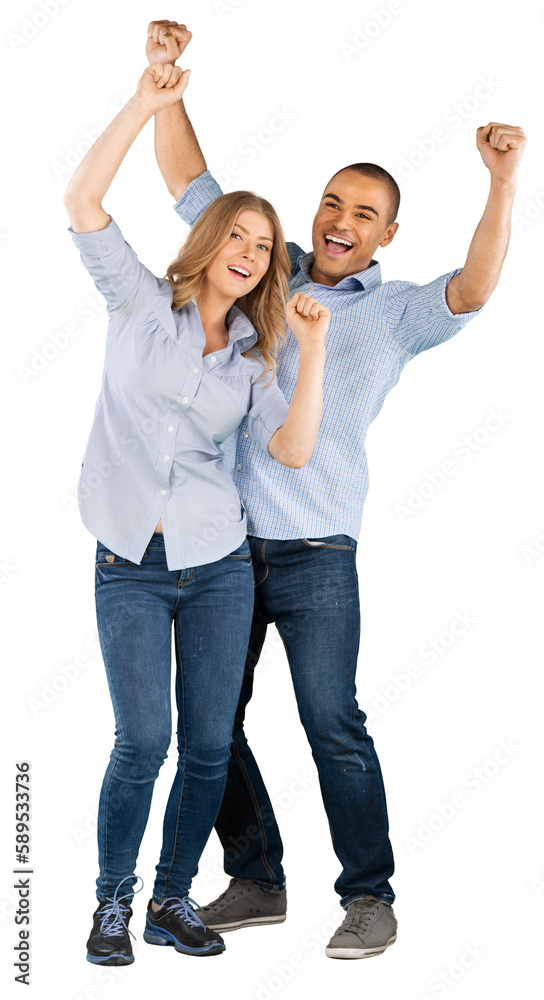 Portrait of young happy couple standing with hands up, isolated on white background Portrait of young happy couple standing with hands up, isolated on white background