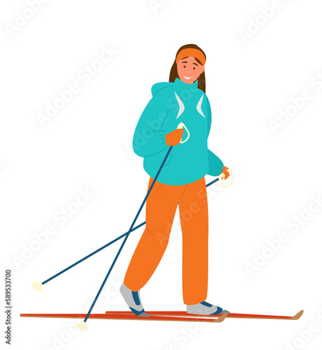 Young woman skiing vector illustration. Winter sports.