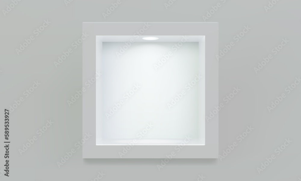 Empty white cube shelf or niche on wall with led spotlight 3D mockup. Shop, gallery plastic or wooden showcase to present product. Blank retail storage space. Interior bookshelf Empty white cube shelf or niche on wall with led spotlight 3D mockup. Shop, gallery plastic or wooden showcase to present product. Blank retail storage space. Interior bookshelf
