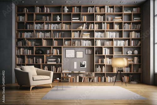 Sleek and Sophisticated: A Contemporary Bookshelf with an Elegant Design, Showcasing a Photorealistic Backdrop of a Study Filled with Books © aprilian