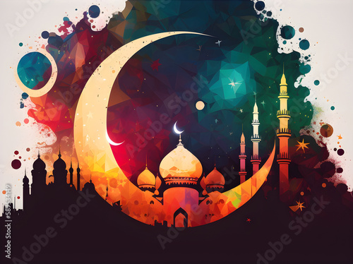 colourful Large illustrated Half moon with Islamic scenery.
Created using generative AI. photo