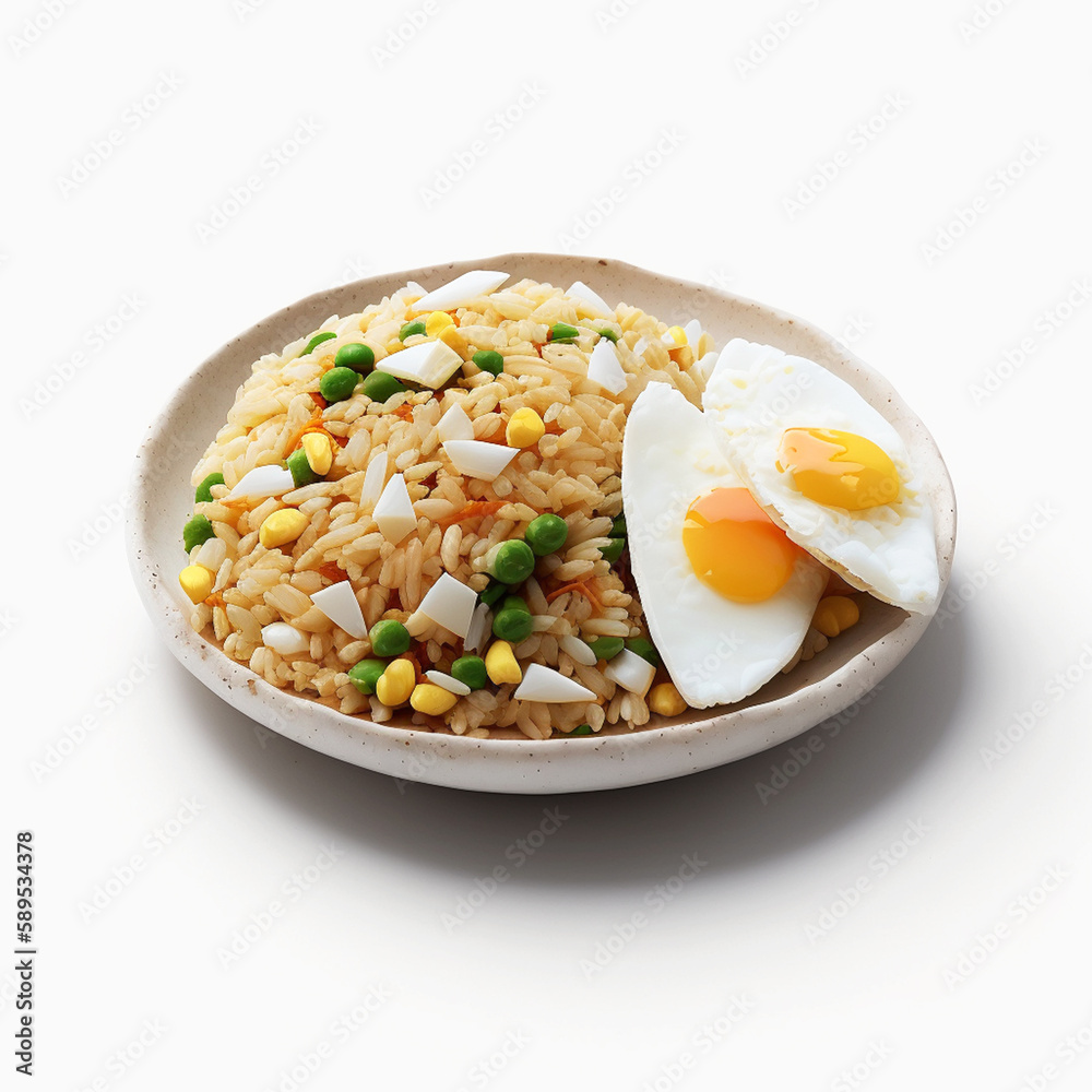 fried rice with vegetables and egg isolated on white background fried rice with vegetables and egg isolated on white background