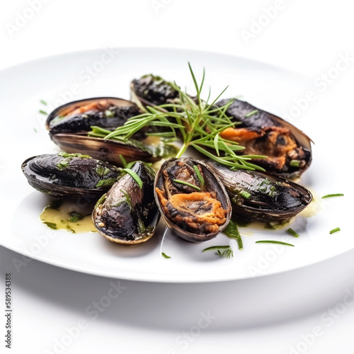 grilled mussels on a white plate isolated on white background