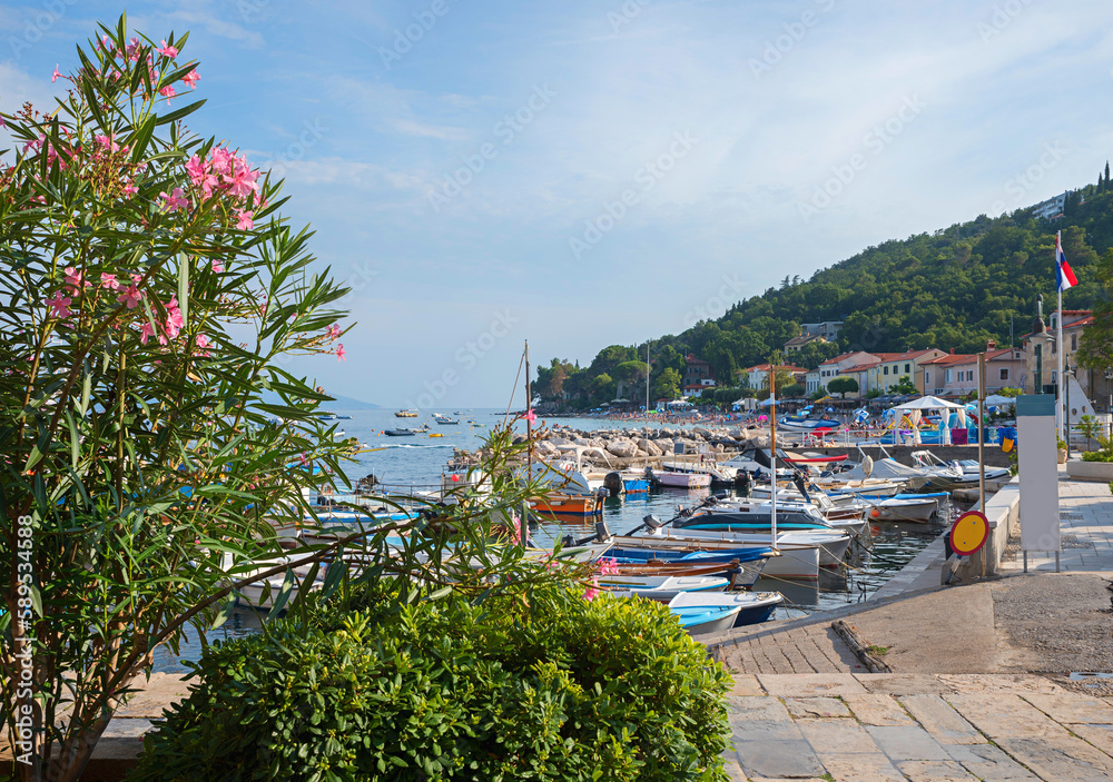 pictorial harbor with motorboats, at tourist resort Moscenicka Draga, croatian coast