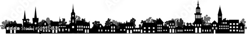 Old village rural stylized silhouette. Suburb with small house, church, tree and garden in residental district countryside neighborhood