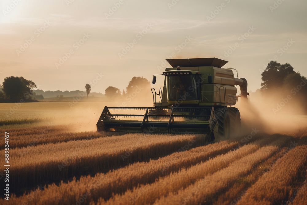 Fototapeta premium Combine harvester collecting wheat in field. ai generative