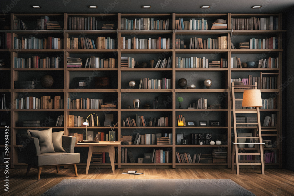 Sleek and Sophisticated: A Contemporary Bookshelf with an Elegant Design, Showcasing a Photorealistic Backdrop of a Study Filled with Books Sleek and Sophisticated: A Contemporary Bookshelf with an Elegant Design, Showcasing a Photorealistic Backdrop of a Study Filled with Books