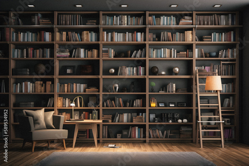 Sleek and Sophisticated: A Contemporary Bookshelf with an Elegant Design, Showcasing a Photorealistic Backdrop of a Study Filled with Books