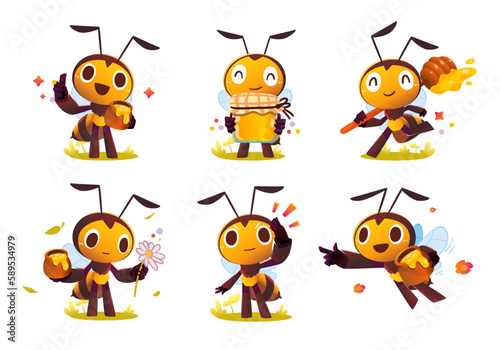 Cartoon Cute Bee delivery honey Character Series set