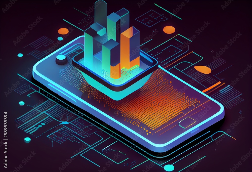 Isometric mobile phone shows a business graph and analytics data for software development coding process concept and analysis trends with cross-platform code testing. Generative AI Isometric mobile phone shows a business graph and analytics data for software development coding process concept and analysis trends with cross-platform code testing. Generative AI