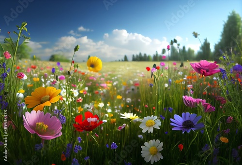 Colorful flower meadow in spring. Generative AI