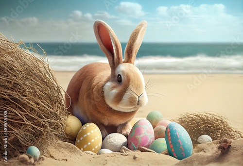 Easter bunny with Easter eggs on the beach. Generative AI