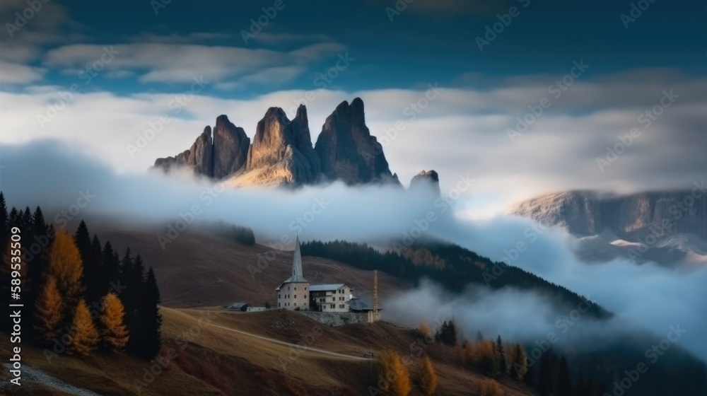 Fototapeta premium mountains in fog, Generative AI