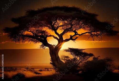 Sunset behind an Acacia tree on the African Savannah. Generative AI