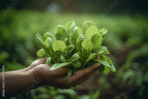 green tobacco seedlings in the hands of an agronomist in a field in northern Thailand. ai generative