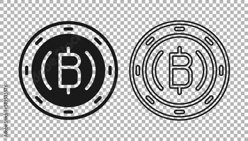 Black Cryptocurrency coin Bitcoin icon isolated on transparent background. Physical bit coin. Blockchain based secure crypto currency. Vector
