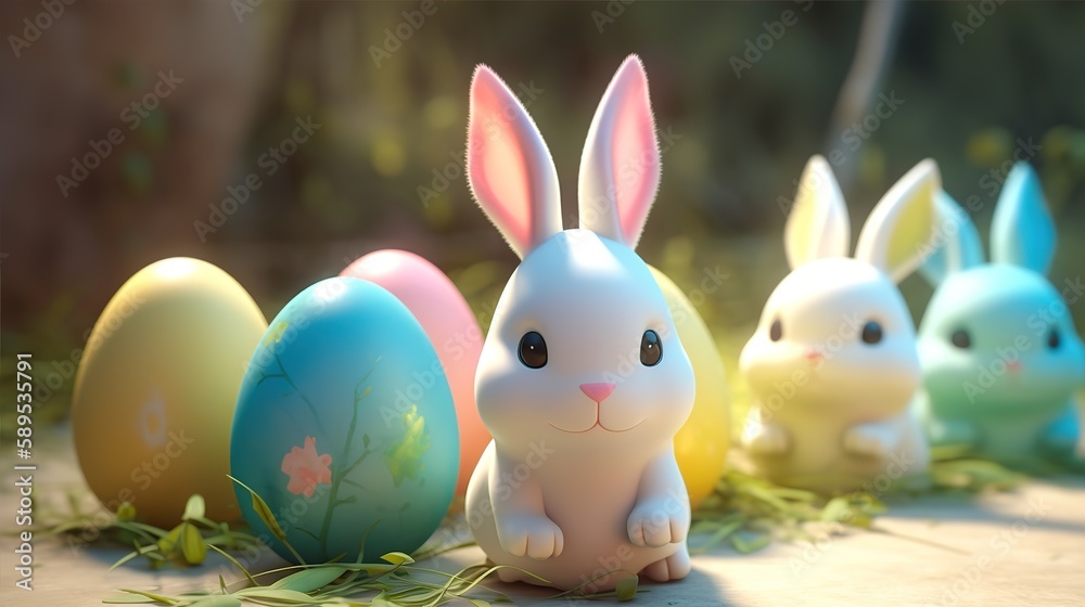 Obraz premium Easter Delight: Fluffy Bunny and Colorful Eggs Generative AI