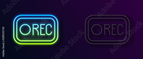 Glowing neon line Record button icon isolated on black background. Rec button. Vector
