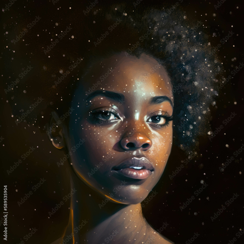 An AfricanAmerican girl stares into the night sky filled with wonderment as the stars glitter above her.. AI generation