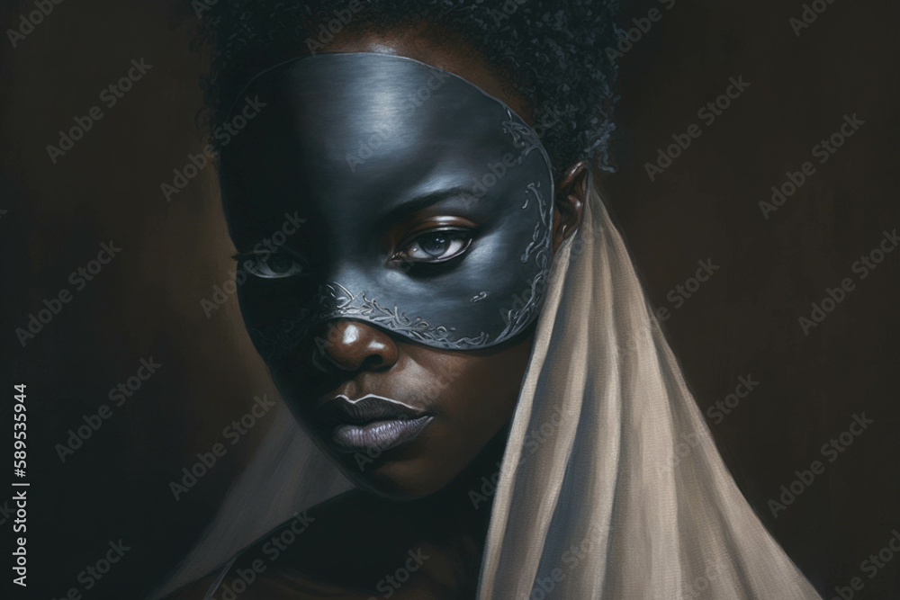 A black woman with a mysterious mask camouflaged in darkness silently protecting her inner sancy.. AI generation