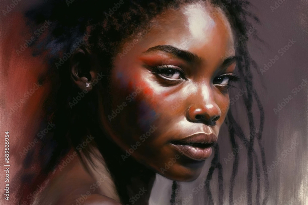 Dark and mysterious an African American woman's face is full of life her warm mahogany skin unwavering in its beauty.. AI generation Dark and mysterious an African American woman's face is full of life her warm mahogany skin unwavering in its beauty.. AI generation