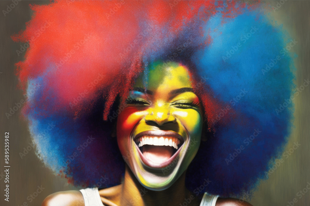 A of multicolored afros come together with bright white teeth for a oup bellylaugh.. AI generation