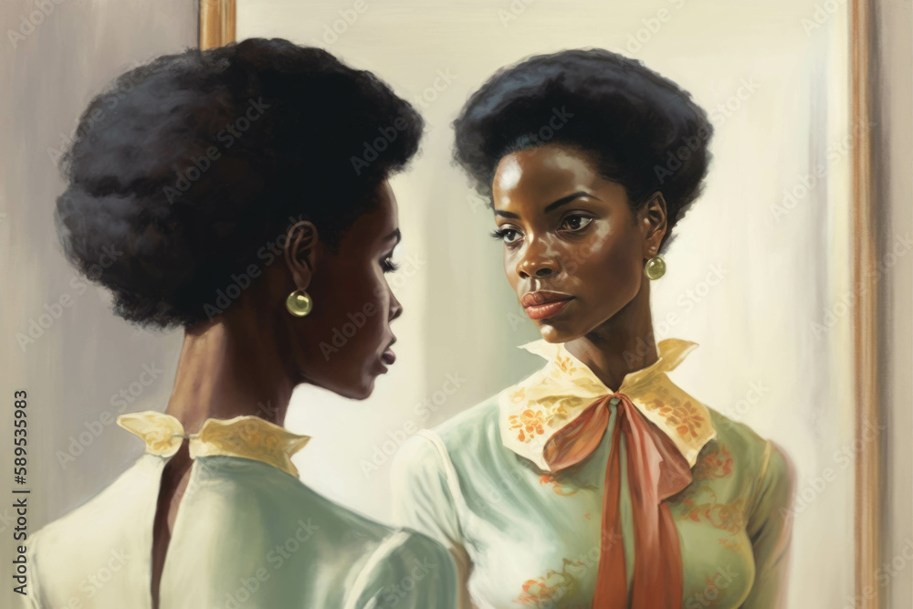 The perfect finishing touch. A black woman admires herself in the mirror her well thought out and tailored wardrobe giving her ultimate. AI generation The perfect finishing touch. A black woman admires herself in the mirror her well thought out and tailored wardrobe giving her ultimate. AI generation