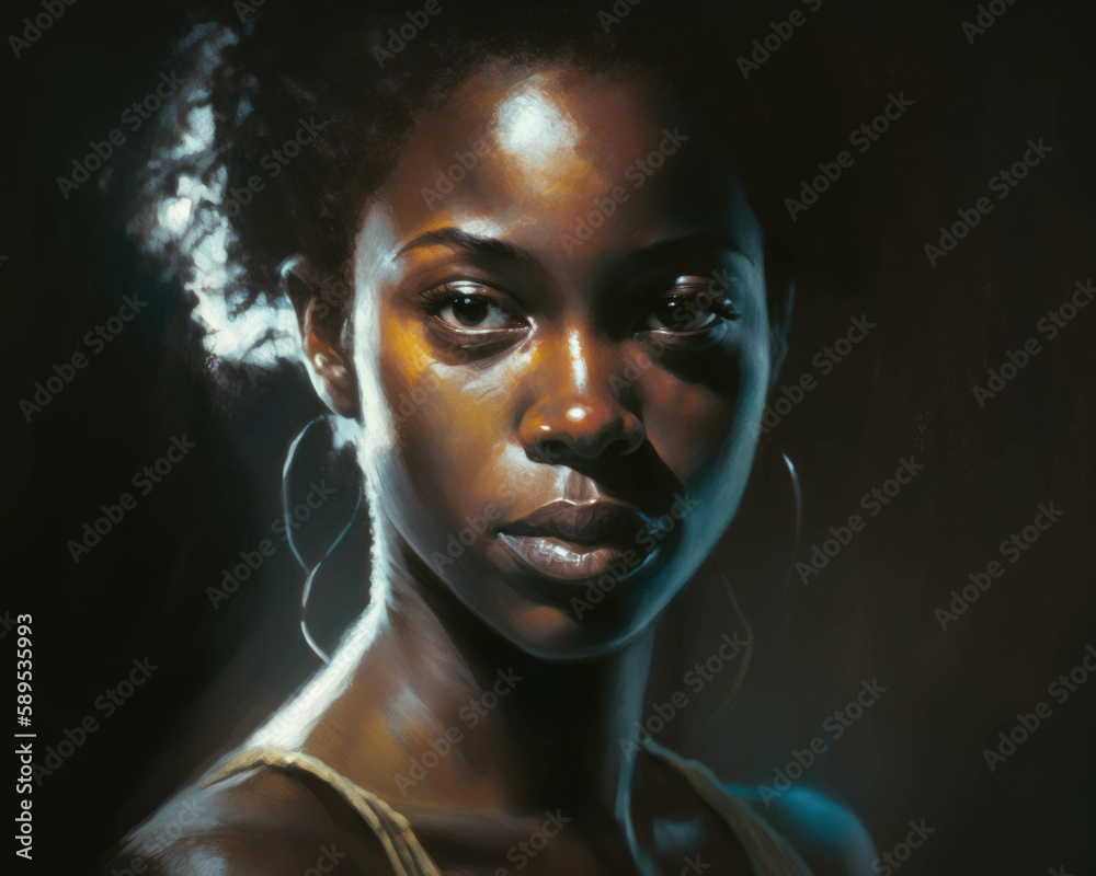 A aceful black woman model her face illuminated by the spotlight her eyes focused on soing far away.. AI generation