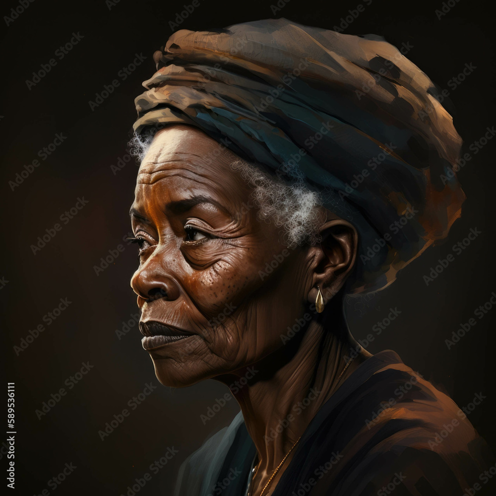 An old black woman gazes into the distance with a knowing look her weathered skin emphasizing her quiet dignity.. AI generation