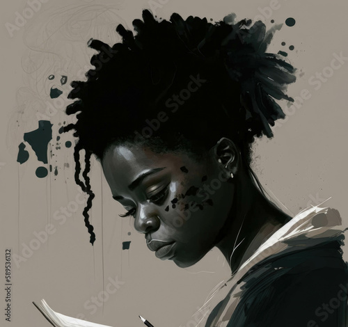 A determined black woman ponders her next move as she scrawls her pion onto the page. AI generation