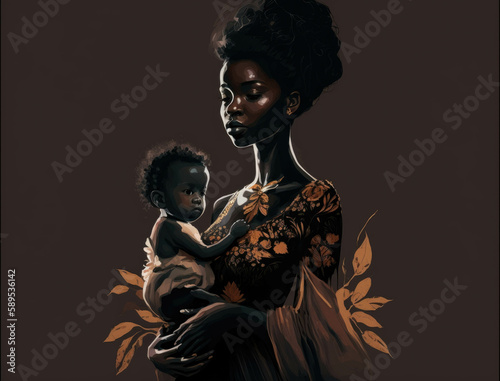A stunning portrait of a dramatically lit expectant black woman with one hand on her baby p and the other clasped around her waist. AI generation