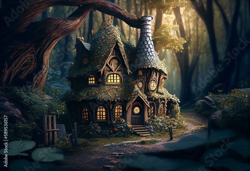 Fantasy fairy tale background. Fantasy enchanted fairy tale house or castle in magical forest. digital art, generative ai