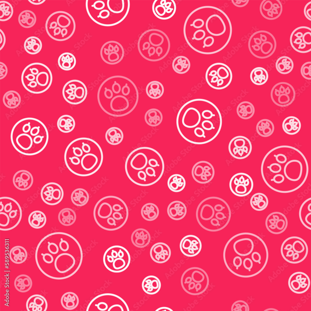 White line Paw search icon isolated seamless pattern on red background. Magnifying glass with animal footprints. Vector White line Paw search icon isolated seamless pattern on red background. Magnifying glass with animal footprints. Vector